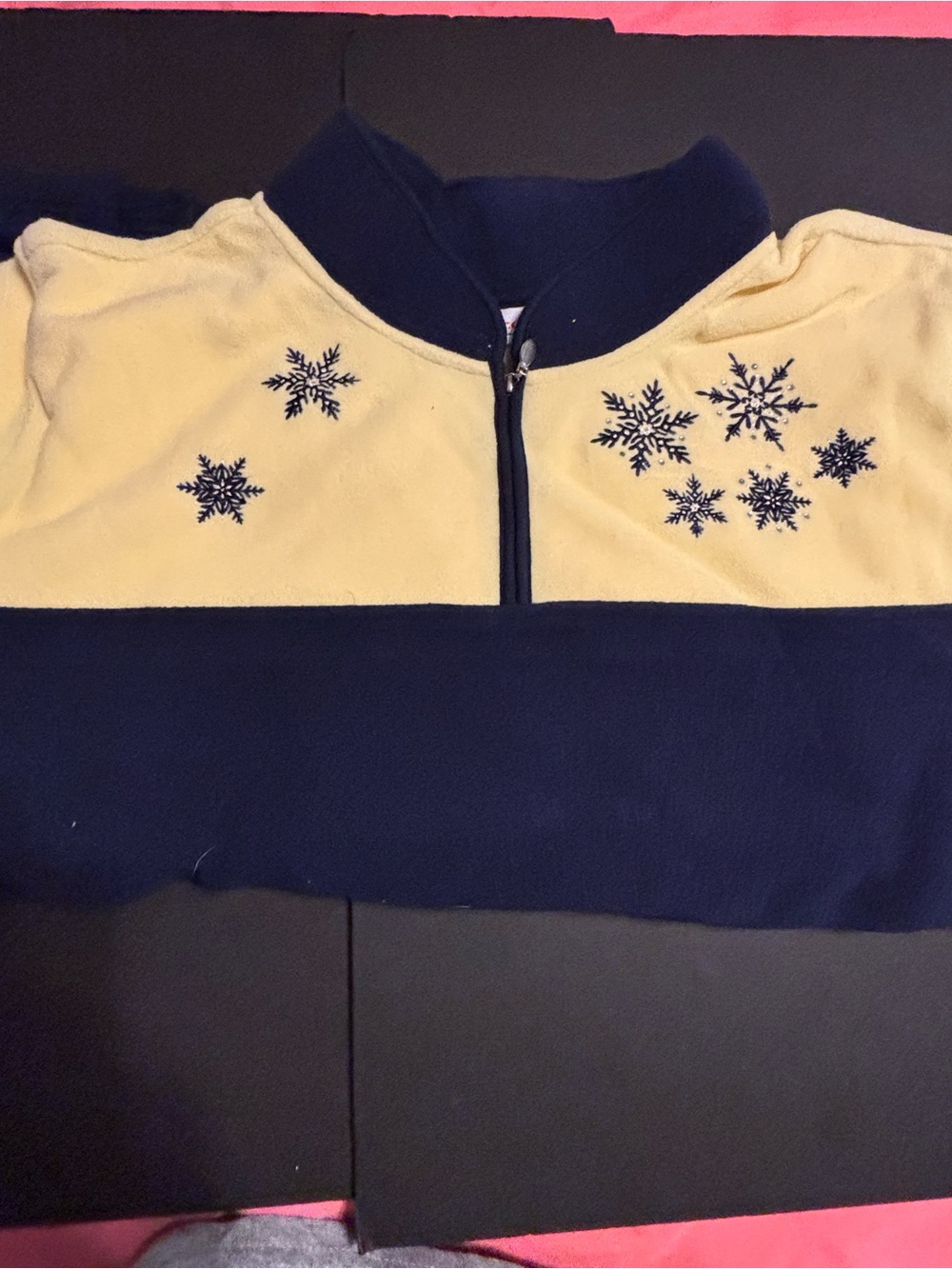 Denim & Co Women 3X Fleece Pullover Navy Yellow Snowflake Embroidered 1/4 Zip